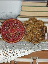 Wicker Straw Hot Pads Trivets - Vintage Set of 2 - Woven Raffia Boho Colorful picture