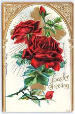 1909 Easter Greetings Red Roses Holiday Seasons Greetings Posted Postcard picture