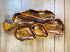 Vintage Monkey Pod Wood 4 Divided Serving Bowl Tray Hand Carved Leaf picture