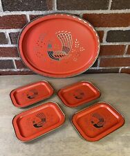 Vintage Rooster Metal Serving Tray Folk Art-Red Gold Trim 1 Large, 4-small picture