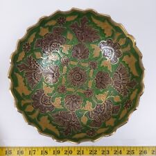 Vintage Indian Brass Enameled Bowl Magic Sahar Footed Gold Tone Green Home Decor picture