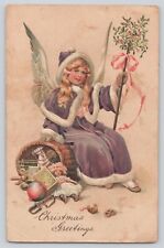 Postcard Christmas Angel With Gifts Toys Doll Holly Purple Santa Robe Embossed picture