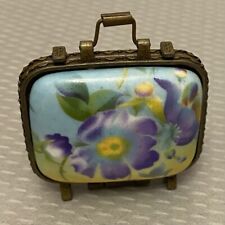 vintage signed PORCELAIN ART Trinket Box Suitcase Valise Purple Pansy Flowers 2