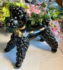 Vtg Large Chalkware Poodle Dog Figurine w/Rhinestone Eyes Black With Gold Collar picture