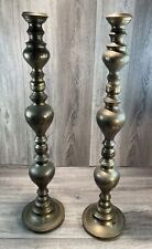Etched Pair  Brass Floor  Candlesticks Altar Prayer Candle Holders 30 Inch Tall picture