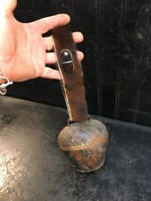 Antique Cowbell Primitive Handmade Metal Cow Bell 5in with Leather Strap picture