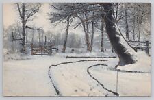 Postcard Snow Covered Road, Gate, and Woods with Glitter Undivided Back picture