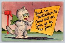 1940s Comic PC Green Bow Anthropomorphic Cat Opera Glasses Mailbox Invitation picture