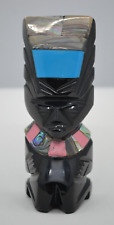 Aztec Teotihuacan Black Onyx Obsidian Statue Abalone Inlay 4.25