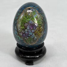Vintage Chinese Plique a Jour Floral Bird Glass Egg on Wooden Stand picture