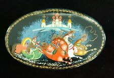 Rare Antique Royal Russian Painted Laquered Oval Red Lacquer Box Troika Sled RU picture
