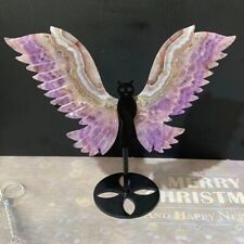 1PC Natural amethyst agate Butterfly Wings skull carved Quartz Crystal+Stand picture