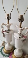 PAIR VTG CORDEY ROSES Table Lamp Ivory Porcelain Attached Flowers Pink Gold 32