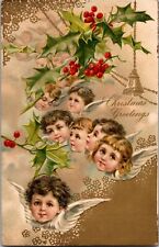 Antique Christmas Postcard c1908 Embossed Angels Holly Christmas Greetings picture