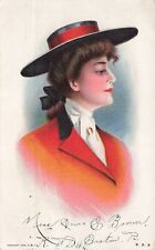 Artist Card Pretty lady in Red Blazer Black Hat Red Ribbon Vintage Postcard 1909 picture