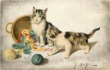 c1909 Postcard Artist Signed LeRoy, Tabby & White Cats upset Yarn Basket 1000/3 picture
