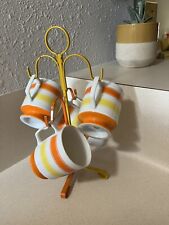 VTG Set Of 4 Yellow & Orange Striped Coffee Cups W/Metal Cup Hanger By AES Japan picture