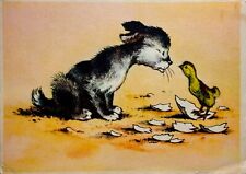 1958 Children card Folk Tale Cute Puppy and Chicken Unposted Vintage Postcard picture
