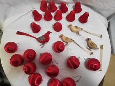 Lot of Vintage MCM Red And White Christmas Ornaments Silk Balls Birds Bells picture