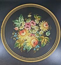 Vtg USSR Russian Hand Painted Metal Floral Flower Folk Art Tray Platter Black  picture