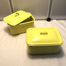 Vintage Rectangular Enamelware Bright Yellow Refrigerator Pan Container SET picture