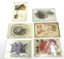 Antique Lot 6 Postcards Embossed BEST WISHES GREETINGS ~FLOWERS 1912-13 cancel B picture