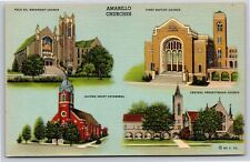 Amarillo Texas~Multi-View Of Churches~Sacred Heart Cathedral~Vintage Linen PC picture