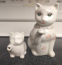 Vintage Kitty Cat Teapot For 1  With Mini Creamer Ceramic 2pc Set Florwers picture