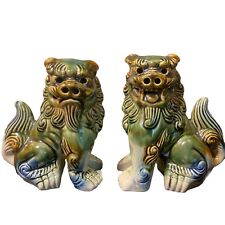 FOO DOG Pair Chinese Guardian Male Lions 5.5 Feng Shui Majolica 50's picture