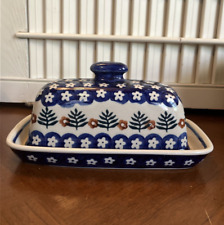 Boleslawiec Polish Pottery Blue Floral Butter Dish  picture