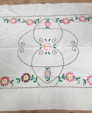 Vintage Linen Tablecloth White w/Embroidered Flowers 52x33