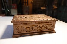 Vintage Hand Carved Wood Jewelry Trinket Box with Geometric Pattern picture