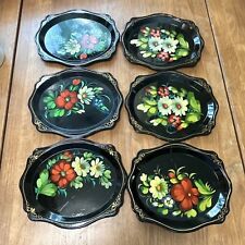 6 Vintage Zhostovo Soviet Russian Hand Painted Flowers Toleware Trays Yeha picture