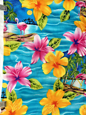 Vintage Hi-Fashion Fabrics '90's Hawaiian Teal Bright Hibiscus 46