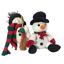 Vintage Holiday Snowmen Plush Black Hat Red Green Scarf Broom Ornament Lot of 2 picture
