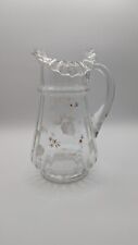 Antique Victorian Fenton Blown Glass Ruffled Etched Floral Ribbed Pitcher picture