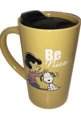 PEANUTS SNOOPY & LUCY  Yellow “Be Nice” 18 oz Travel Coffee Mug Stoneware Cup picture