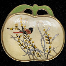 Vintage Brass Enameled Hand Painted Bird On Tree Trinket Dish Bowl 5”L 5”W picture