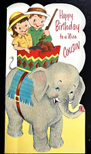 Vintage 60s Birthday Kids Flocked Elephant Hunting Safari Die Cut Greeting Card picture