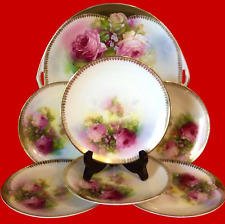 ROYAL RUDOLSTADT PRUSSIA CAKE PLATE AND DESSERT PLATES ANTIQUE SET OF 7 ROSES picture