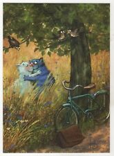 Adventures of blue cats. CAT Romantic date Birds ART Zenyuk Russian NEW postcard picture