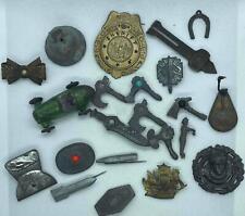VINTAGE LOT/22 METAL SMALLS WWII PINBACKS RACE CAR BROOCH SHERIFF TOY BADGE BELL picture