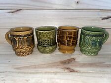 Set Of 4 Really Cool Vintage Green/Blue/Brown Textured Boho Ceramic Mugs, Japan picture