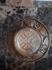 Wooden carved ashtray , Vintage carved wood and glass floral ashtray picture