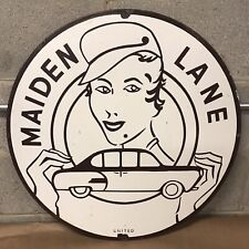 Extremely Rare Vintage MAIDEN LANE 24” Porcelain Single sided Sign gas oil picture