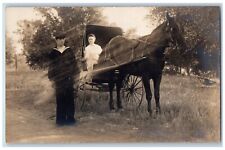 US Navy Sailor Postcard RPPC Photo Woman Riding Horse Buggy c1910's Antique picture