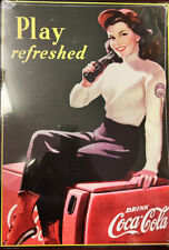 Coke Lady Sitting on Old Coca Cola Machine Rectangle Advertising Tin Sign picture