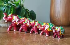 Set of 5 Mini Lacquered Wooden Elephants Red Green Yellow India picture