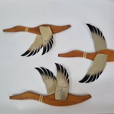 Set 3 VTG Flying Geese Ducks Wall Art Decor MCM Wood Brass Birds Masketeers  picture