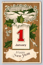 1911 Embossed Big Red One Gift Antique New Year Postcard Rural Snow Country Home picture